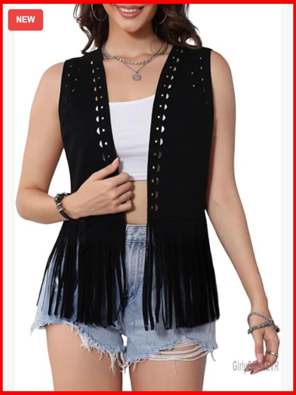 Women's Faux Suede Fringe Vest Western Sleeveless Jacket X-Large